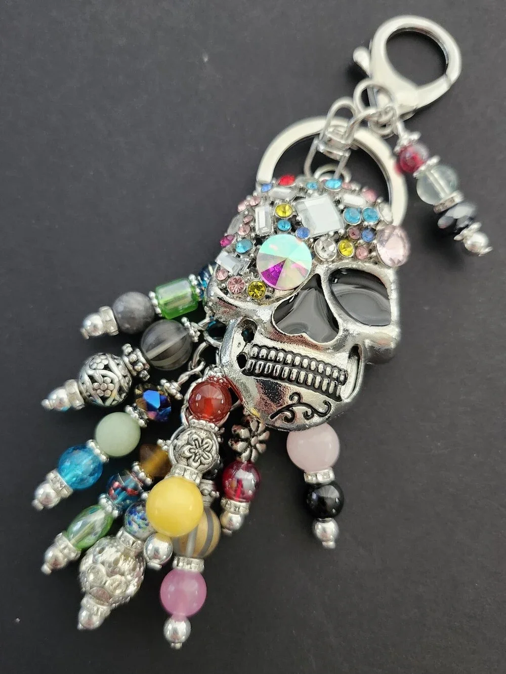 Skull Rhinestone Purse Charm or Keychain  Quartz Jasper Carnelian Handcrafted